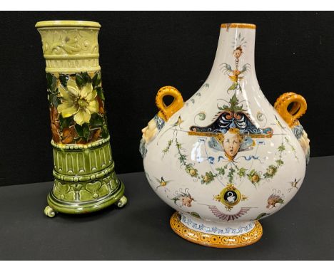 A Ginori Italian Renaissance Revival Hand-painted Maiolica Pilgrim Flask, 20th century, flattened baluster form, c.1870, 30cm