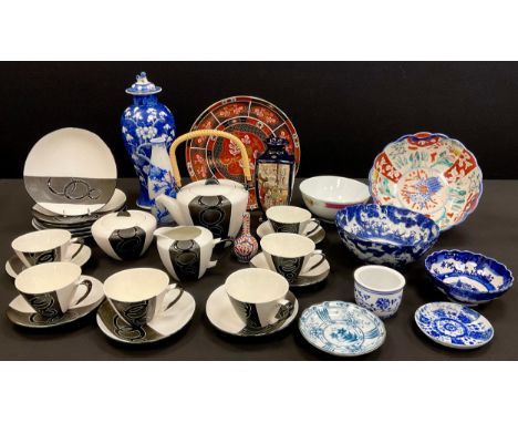 Oriental - a Contemporary Japanese tea service for six; tall Chinese prunus vase and cover, doulble circle mark to base, 30cm
