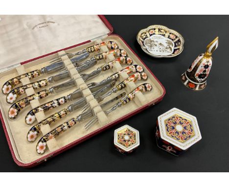 A set of six Royal Crown Derby Imari pattern fish knives and forks, cased, pattern no.1297 lidded trinket box conforming smal
