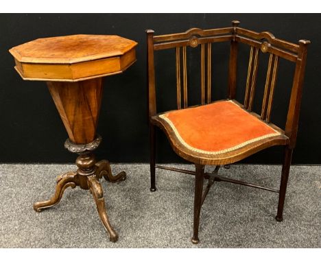 A Victorian burr walnut trumpet shaped sewing table, carved pedestal and tripod feet, 77cm high x 44cm x 43cm;&nbsp; an Art N