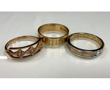 Rings - 9ct gold band, size Q/R;  two tone 9ct gold Irene name ring, size R;  seed pearls dress ring, size Q, all 9ct gold sh