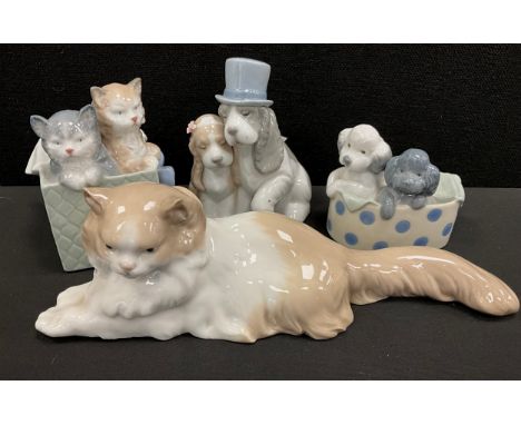 Lladro/ Nao figures - Cat, Poodle Puppies, Dogs just Married, Kittens, printed and impressed marks (4)