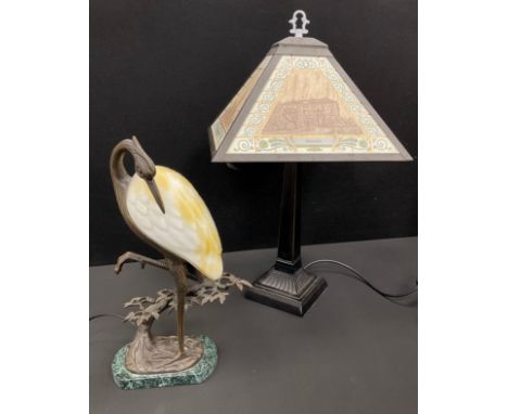 Andrea Sadek Tin Chi Cast bronze heron lamp, 40cm high; art deco style lamp with shade depicting the Crooked Spire, Chesterfi