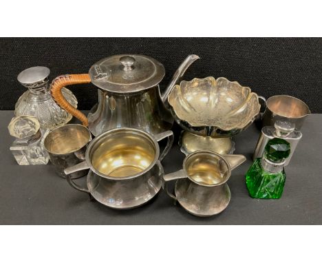 Silver &amp; Plate - a silver topped bomb shaped glass scent bottle,  others;  Art &amp; Crafts epns three piece tea set etc