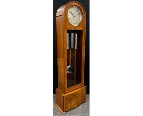 An Enfield style Art Deco walnut longcase clock, circular silvered dial, with Arabic numerals, Westminster chiming movement, 