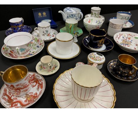 19th century and later coffee cans and saucers including; Coalport blue and gilt coffee can and saucer, Royal Doulton octagon