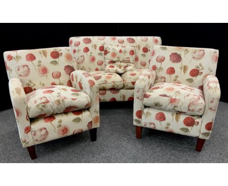 A mid century design two seat sofa and conforming pair of tub armchairs, the sofa measuring 85cm high x 156cm x 97cm, (3).