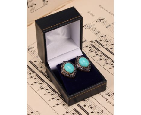 A pair of vintage-styled silver-gilt stud earrings set with large oval turquoise, round-cut sapphires and rose-cut diamonds, 