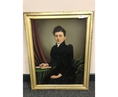 Early Twentieth Century School : Portrait of a Lady Wearing a Black Dress Holding a Book, portrait print overpainted in oils,