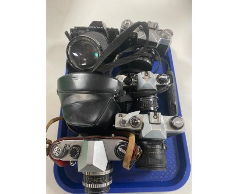 A tray containing 6 vintage cameras to include Pentax, Zenit E, Praktica Super TL  