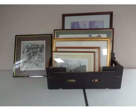 A box of assorted pictures and prints to include colour engraving of Durham, Robert Olley print etc 