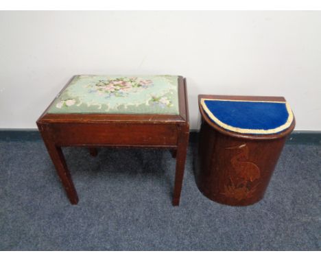 An Edwardian mahogany tapestry upholstered storage piano stool, with a further storage stool 