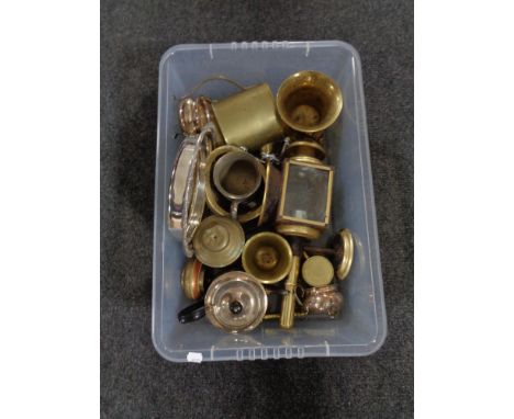 A box containing antique brass carriage lamp, brass mortars, plated wares etc 