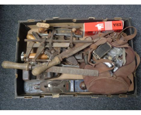 A box of vintage hand tools, Record plane, chisel, bag of door locks  etc 