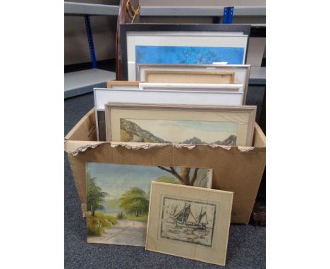 A box containing continental school pictures and prints, framed watercolours, landscape scenes, oil on board, path through a 