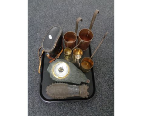 A tray containing 5 graduated copper measures, leather cased Tecnar 8x30 field glasses, barometer mounted on a slate etc