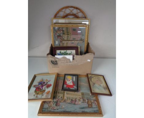 A box containing assorted pictures and prints to include gilt framed needleworks, Venetian scenes, bamboo framed mirror etc. 