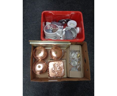 Two boxes of modern copper moulds, kitchen storage jars, miniature pans, framed marquetry panel, Moulinex food mixer 