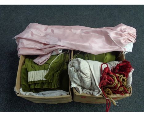 Two boxes containing curtains and curtain linings 