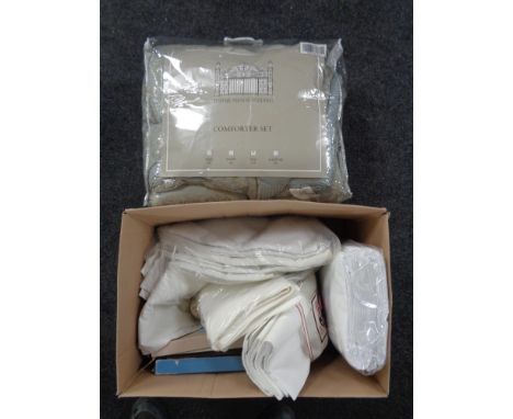 A box containing a quantity of vintage bedding together with a king size bed comforter 