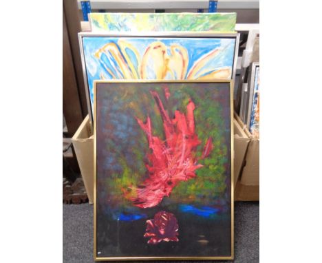 A box containing framed and unframed continental school pictures to include oils on canvas, flowers, abstract scenes, signed 