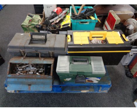 Three plastic and one metal tool box containing assorted hand tools and hardware 