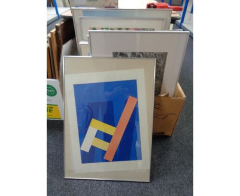 A box of twelve contemporary framed pictures and prints, gallery poster etc 