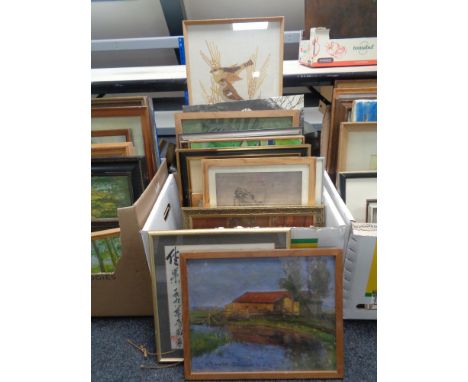 A box of continental school pictures and prints, oils on canvas, signed prints, Japanese prints etc 