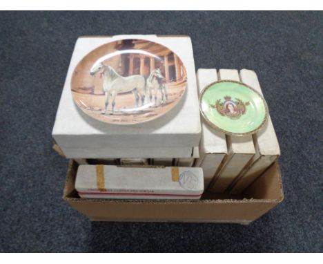 A box containing Spode collector's plates depicting horses together with a Maling Queen's coronation plate
