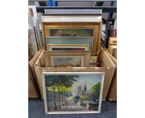A box of continental school pictures and prints, oil on canvas Parisian street scene, framed tapestries etc 
