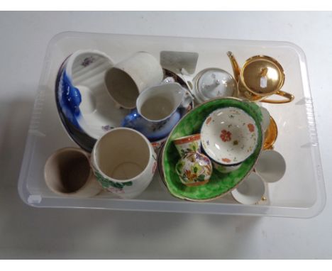 A crate containing miscellaneous china to include Maling vase and bowl, a Wedgwood dessert set, continental gilt coffee set, 