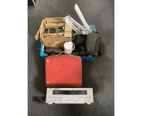 A box containing projectors, angle poise lamps, ion tape deck, vintage reel to reel etc 