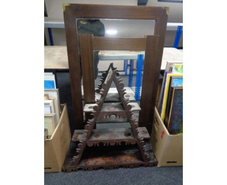 Two framed wall mirrors, one with brass mounts, together with a carved pine triangular wall shelf 