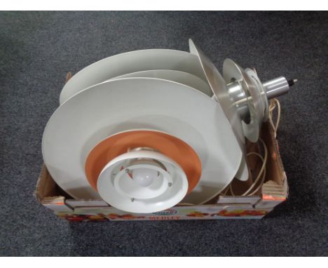 A box of three twentieth century circular metal designer light fittings 
