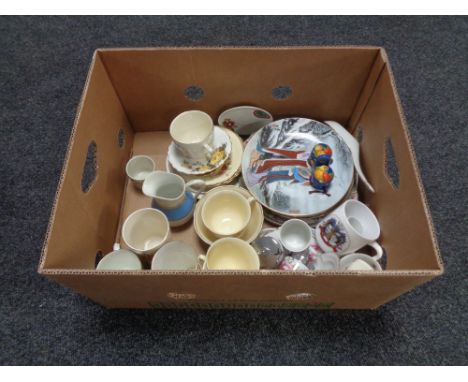 A box containing miscellaneous china to include oriental collectors plates, tea ware, Royal Worcester egg coddlers, commemora