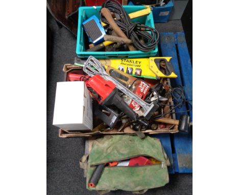 Two boxes and a bag containing assorted hand tools, sight lamp, router, etc