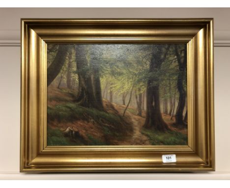 Continental school : oil on panel, woodland landscape, framed. 