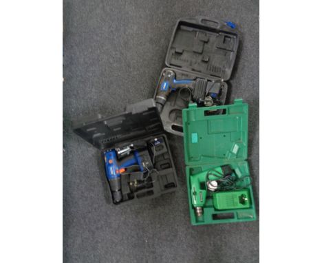 Three cased power tools to include an NU power 18 volt drill, an NU tool 16.8V drill and a 7.2V drill  
