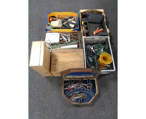 A pallet of miscellaneous items to include Edwardian oak canteen containing scissors, pine storage box, metal hasps, handles,