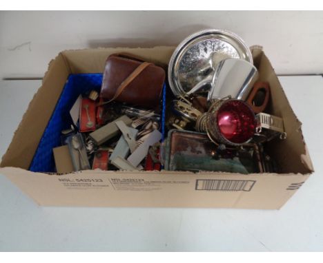A box of stainless steel and plated cutlery, crested tea spoon, Sona teapot etc 