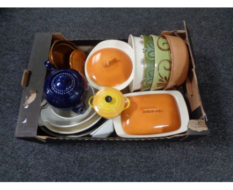 A box of kitchen ware, Le Creuset ceramic lidded ramekin and oven dishes, Norwegian tureens etc 