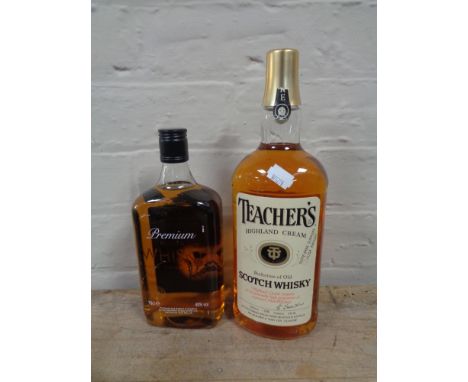 A bottle of Teachers Highland cream scotch whisky, 1 litre, together with a further bottle of premium scotch whisky, aged 5 y