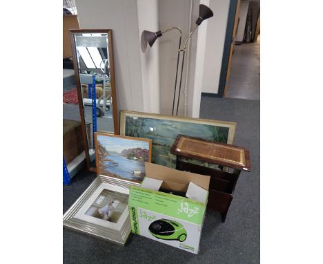 A mahogany magazine rack with leather inserts together with a  floor lamp, boxed Morphy Richards hoover, framed prints and a 