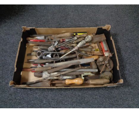 A box of vintage hand tools, brace, files, spanners etc 