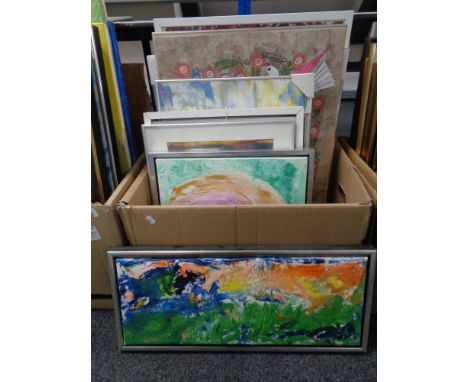 A box containing continental school pictures and prints to include oils on canvas, abstract scenes, painting on paper depicti