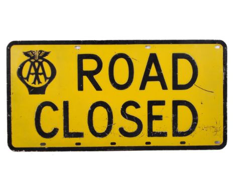 An original early vintage AA pressed metal ' Road Closed ' enamel road sign. Early AA emblem to corner, with black lettering 