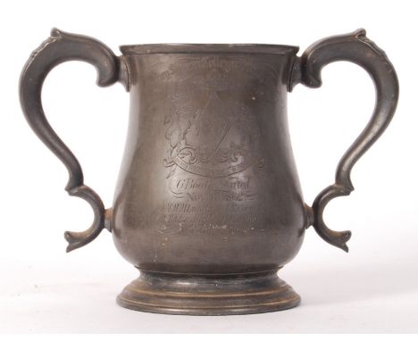 A rare antique 19th century ' Sidney Sussex College Scratch Fours ' pewter rowing trophy cup. The front reading ' 6 Boats Sta