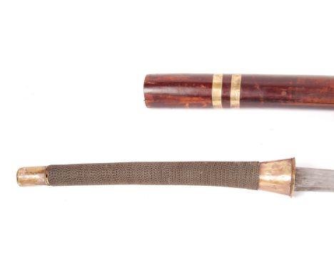 An antique 19th century Middle Eastern sword having a elongated bound handle with a curved blade, having engraved curved notc