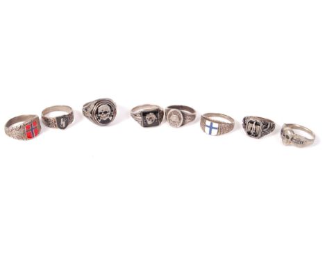 A collection of 8x ' fantasy piece ' WWII Second World War inspired German Third Reich Nazi finger rings. Each decorated with