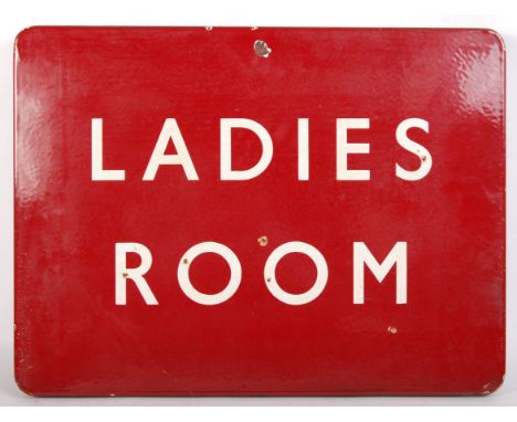 A rare original vintage British Railways ' BR ' ' Ladies Room ' enamel station sign. Maroon and cream, in typical BR form. Wh